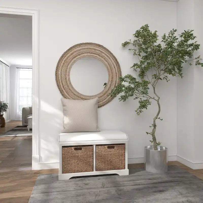 Banc de rangement en bois avec paniers en jonc de mer marron et siège rembourré - Blanc