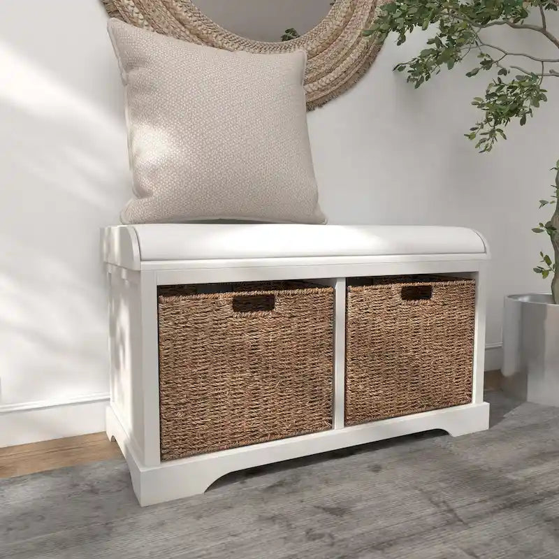 Banc de rangement en bois avec paniers en jonc de mer marron et siège rembourré - Blanc