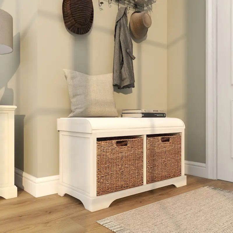 Banc de rangement en bois avec paniers en jonc de mer marron et siège rembourré - Blanc