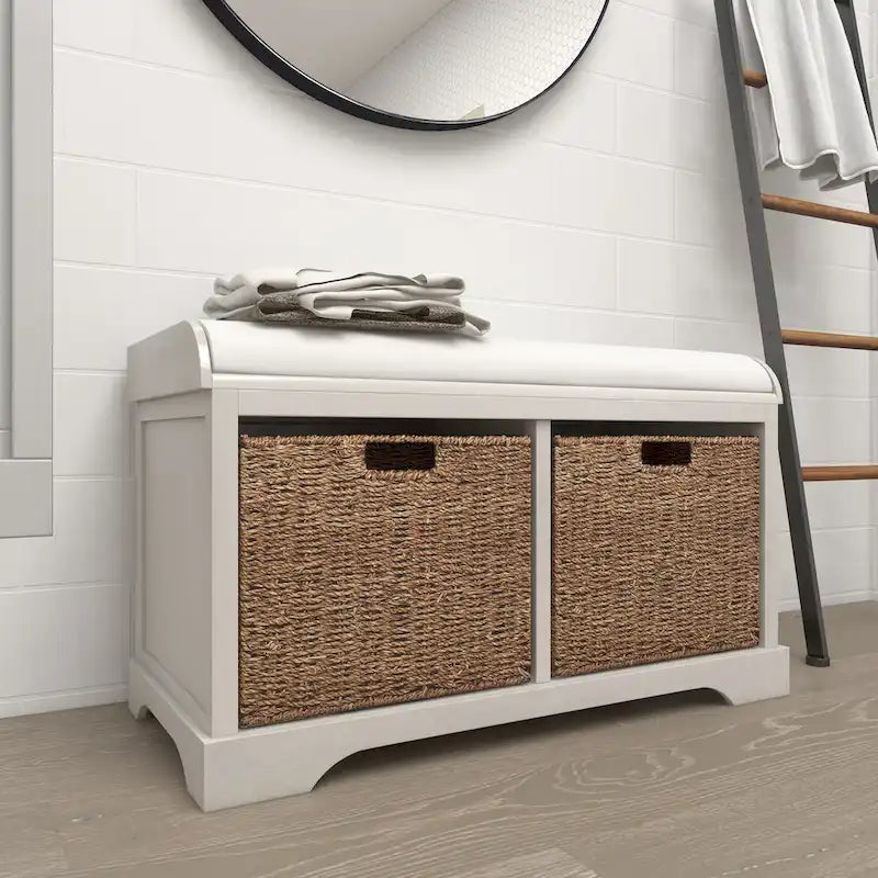 Banc de rangement en bois avec paniers en jonc de mer marron et siège rembourré - Blanc