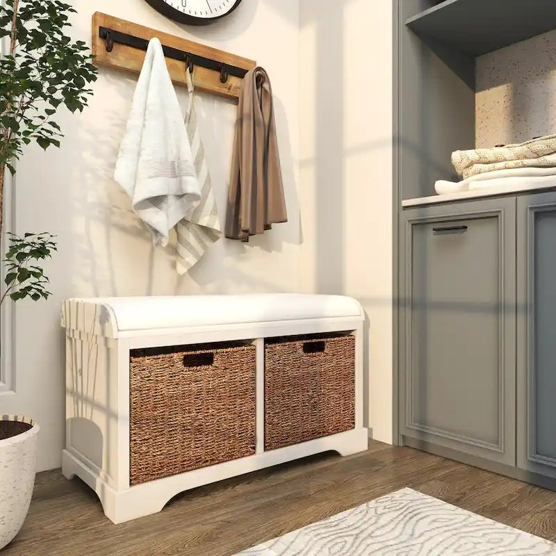 Banc de rangement en bois avec paniers en jonc de mer marron et siège rembourré - Blanc