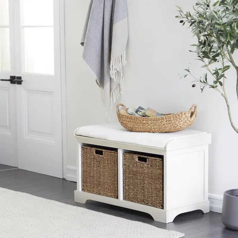 Banc de rangement en bois avec paniers en jonc de mer marron et siège rembourré - Blanc