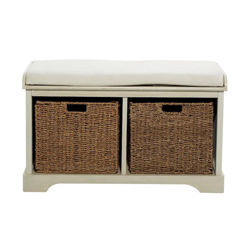 Banc de rangement en bois avec paniers en jonc de mer marron et siège rembourré - Blanc