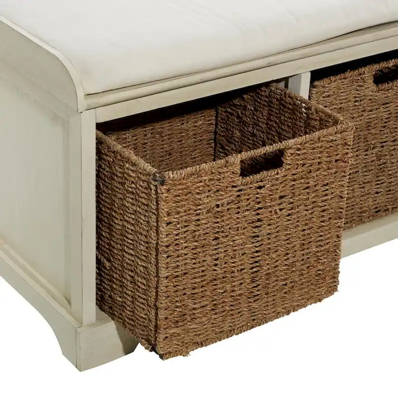 Banc de rangement en bois avec paniers en jonc de mer marron et siège rembourré - Blanc