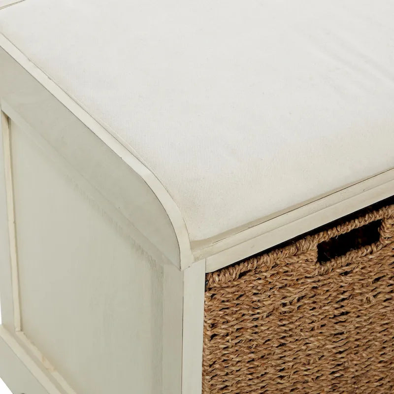 Banc de rangement en bois avec paniers en jonc de mer marron et siège rembourré - Blanc