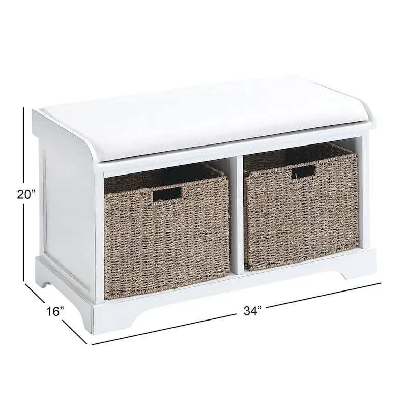 Banc de rangement en bois avec paniers en jonc de mer marron et siège rembourré - Blanc